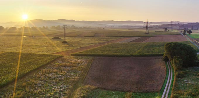 Grüne Landschaft bei Sonnenaufgang